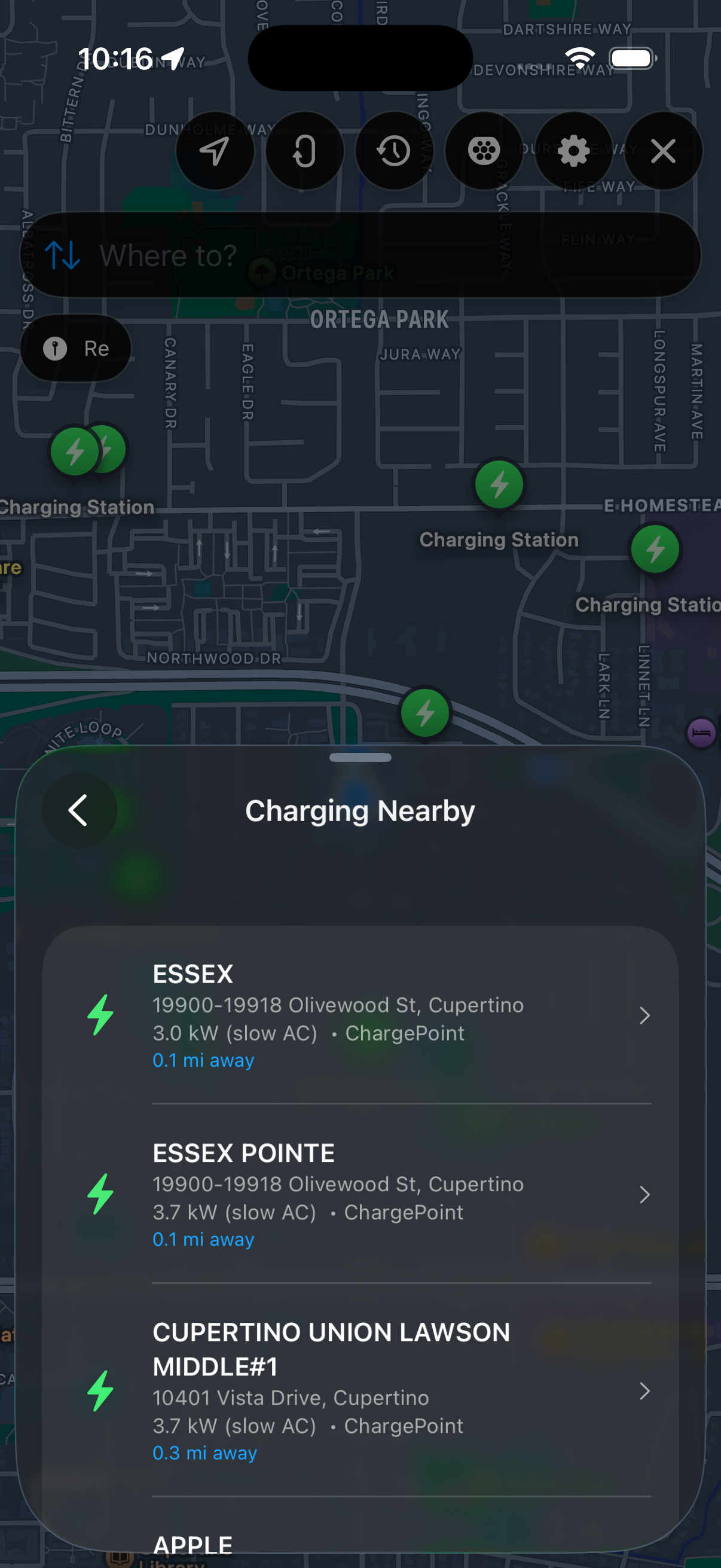 Urban Rider showing nearby EV charging stations with output, network and distance from the rider.