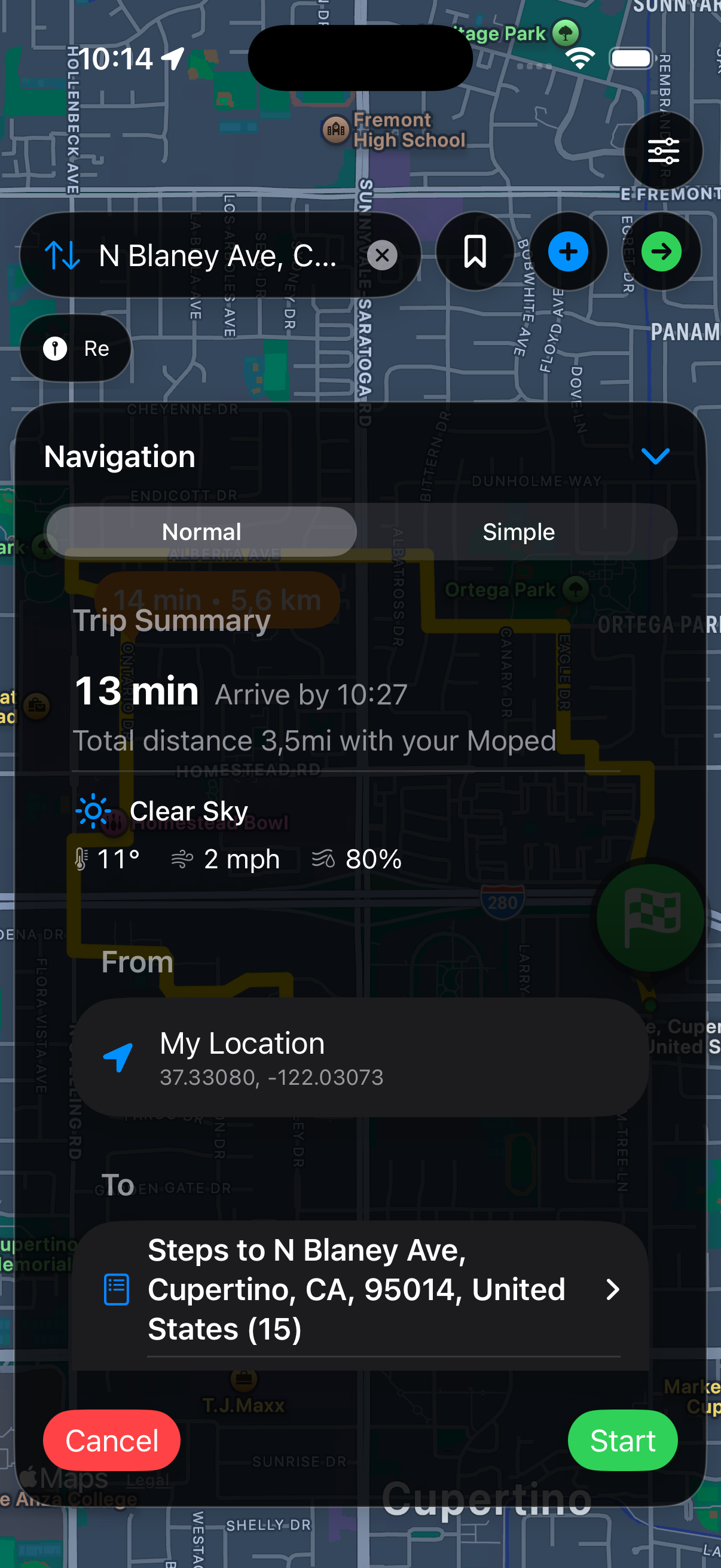 Urban Rider iOS app showing a planned moped route with trip summary, ETA and weather.