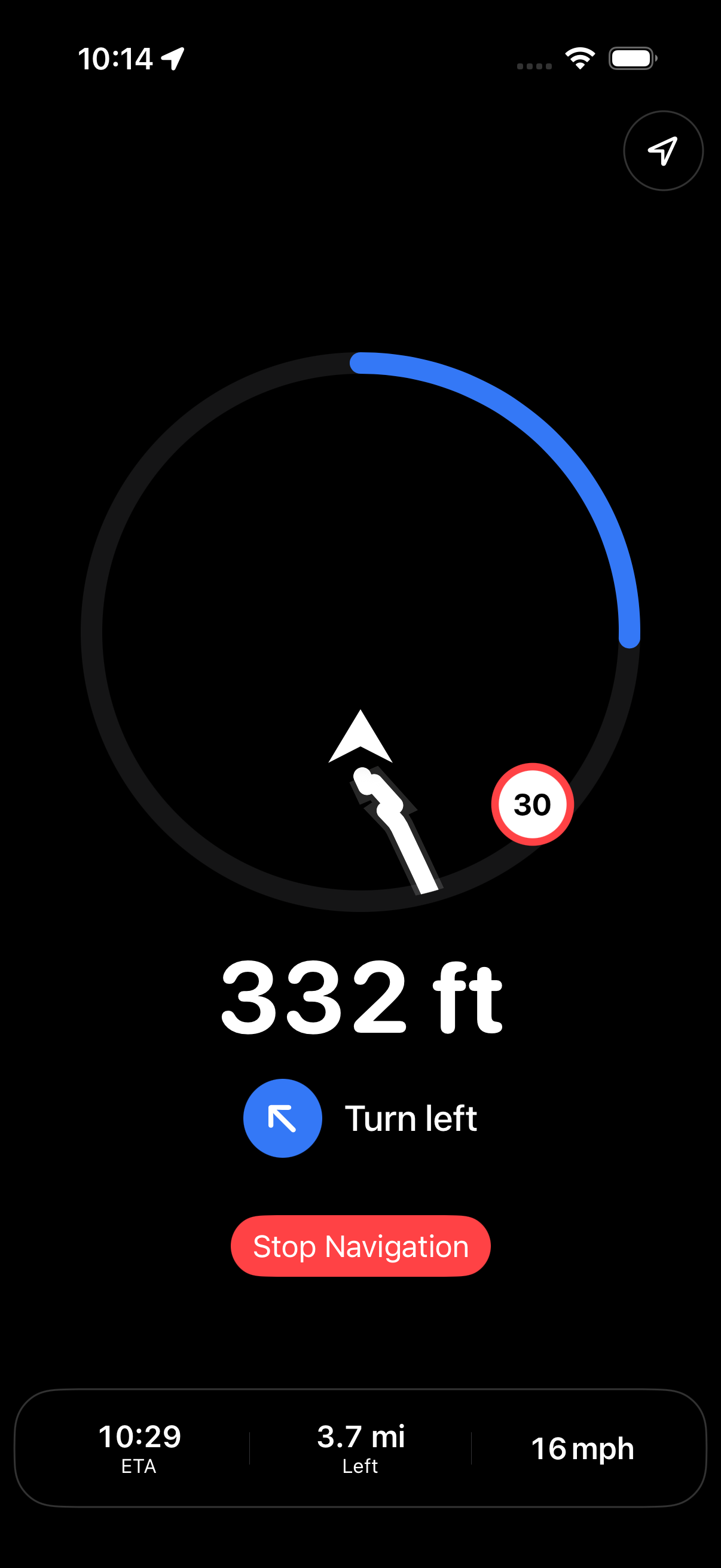 Urban Rider Minimal Mode showing 332 feet to a left turn at 16 mph.