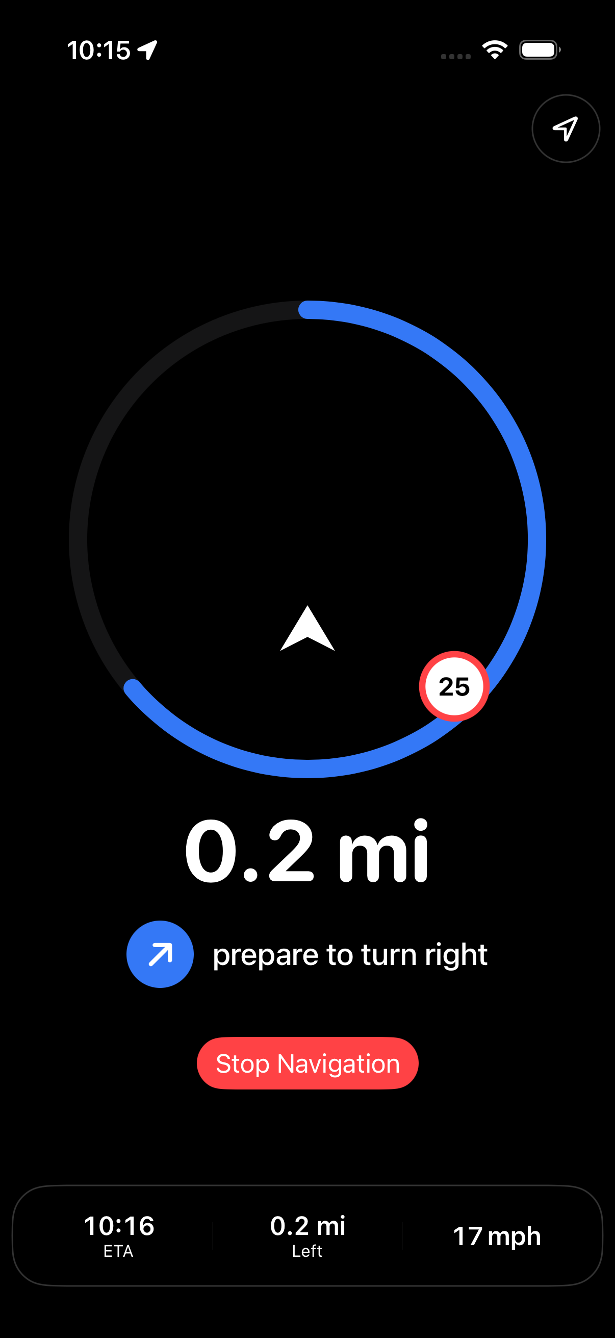 Urban Rider Minimal Mode showing 0.2 miles to prepare for a right turn.