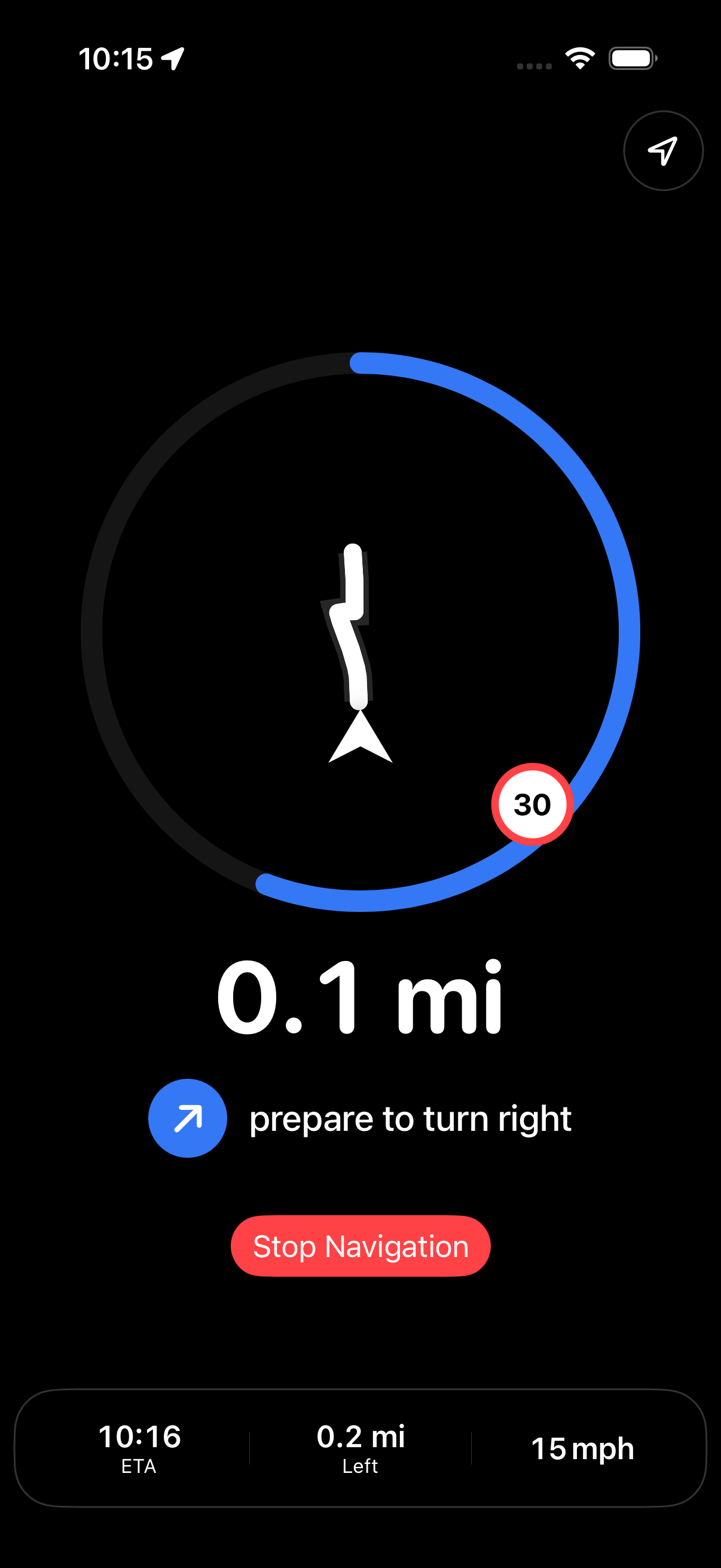 Urban Rider Minimal Mode showing 0.1 miles to prepare for a right turn with a 30 km/h speed limit.