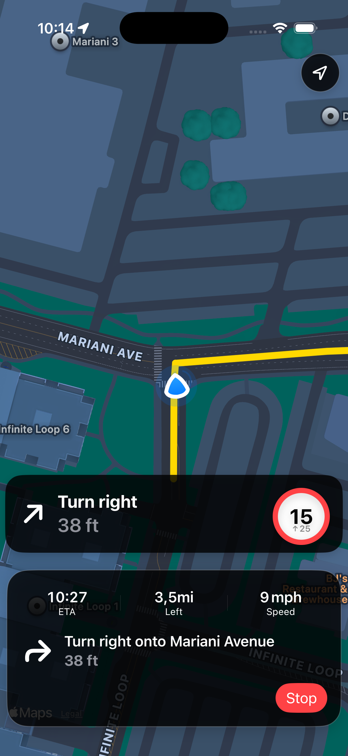 Urban Rider real-time navigation showing a turn-by-turn moped route with speed limit and ETA.