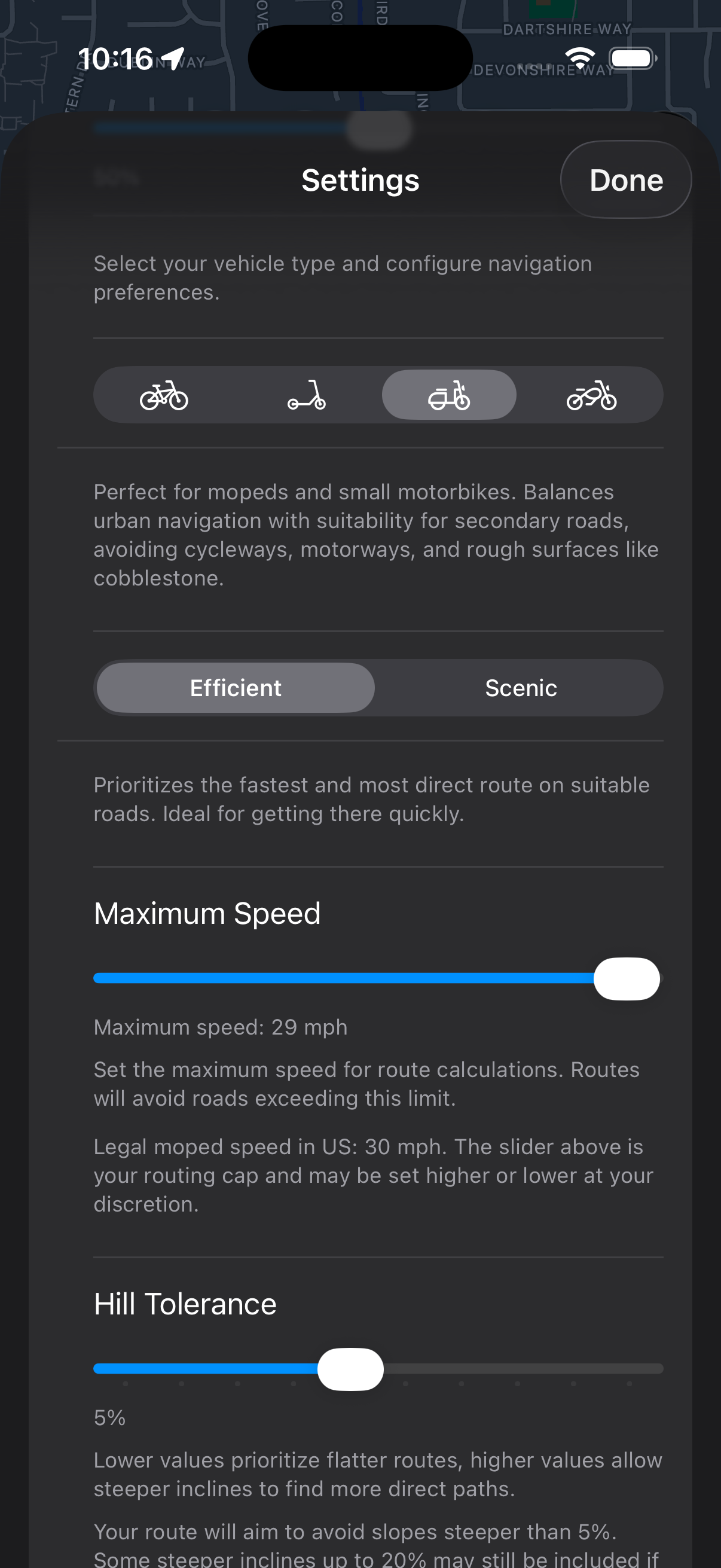 Urban Rider settings — choose vehicle type (moped selected), set maximum speed and hill tolerance.
