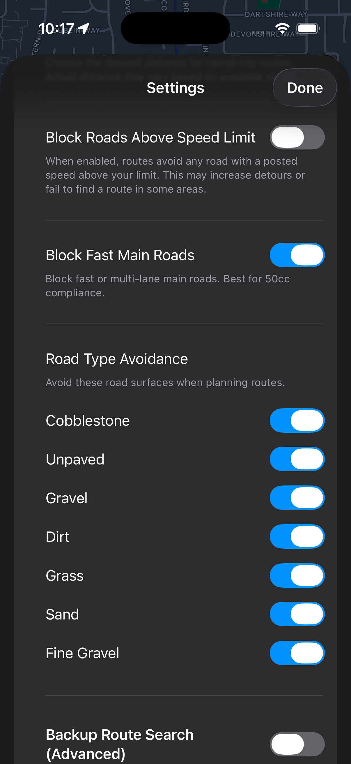 Urban Rider settings — block roads above speed limit, avoid cobblestone, gravel, dirt and other rough surfaces.