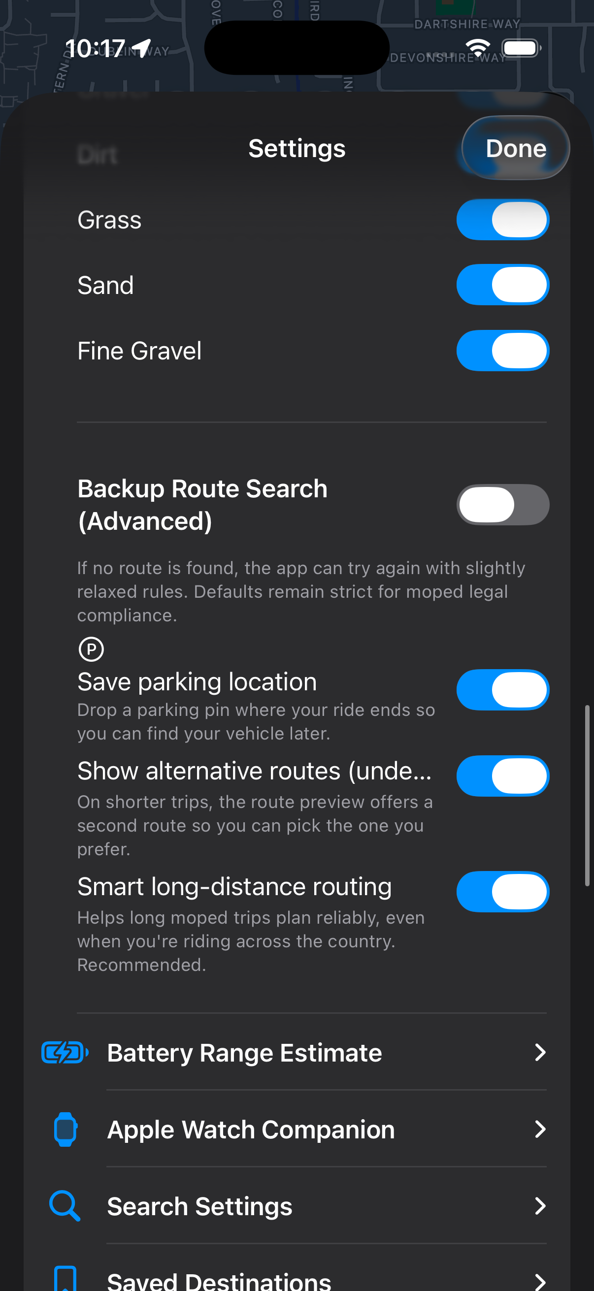 Urban Rider settings — backup route search, save parking location, Apple Watch companion, battery range estimate.