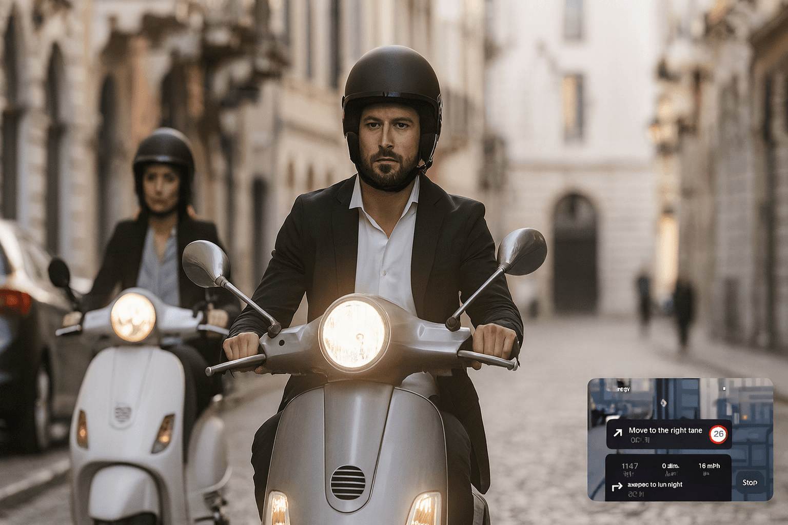 A rider on a Vespa scooter using Urban Rider navigation in an American urban environment.